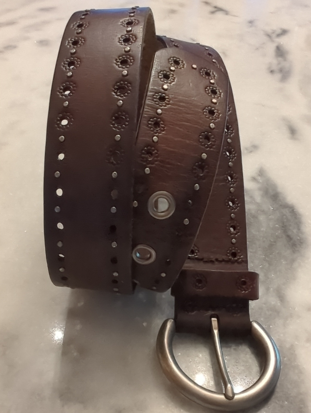 vintage Y2K leather belt FOSSIL brown tooled STUDDED Women's Size Large